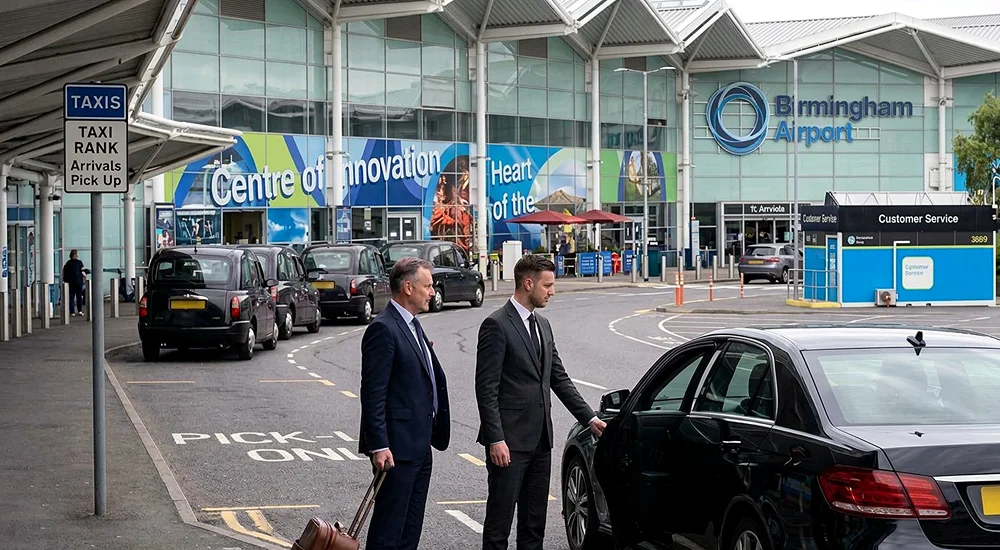 Black cabs waiting at the taxi rank outside Birmingham Airport terminal