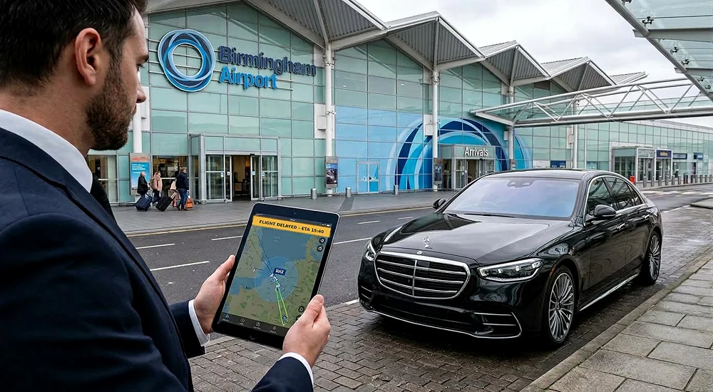 Driver waiting in an airport arrivals hall with a name board as a delayed flight lands