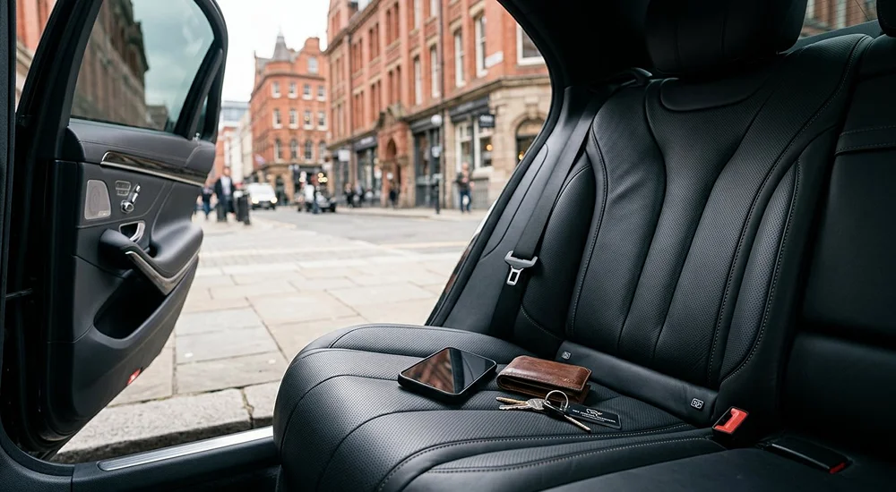 Passenger checking the back seat of a taxi in Birmingham for a lost item