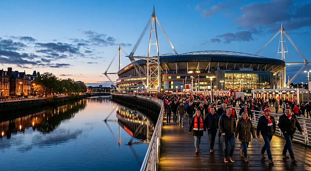 Taxi near Principality Stadium in Cardiff on a matchday, travelling from Birmingham