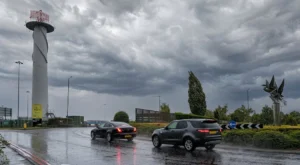 Rain and strong wind on a Birmingham road as Storm Austen approaches