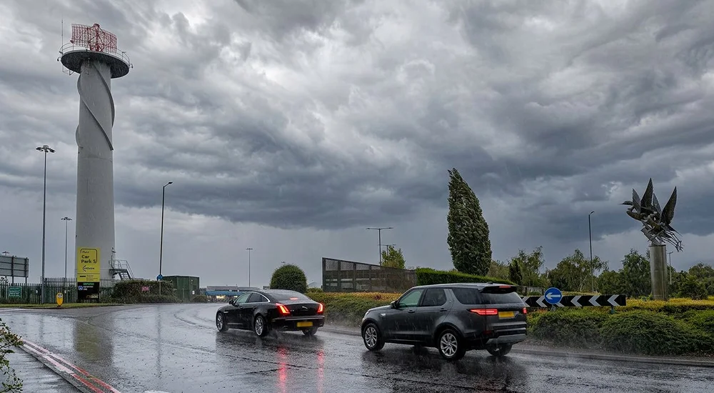 Rain and strong wind on a Birmingham road as Storm Austen approaches